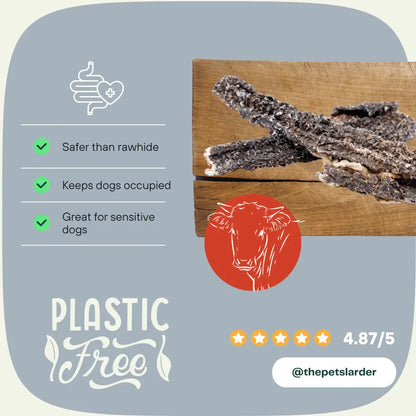Dog treats on a wooden board with text highlighting benefits and a rating on a light blue background.