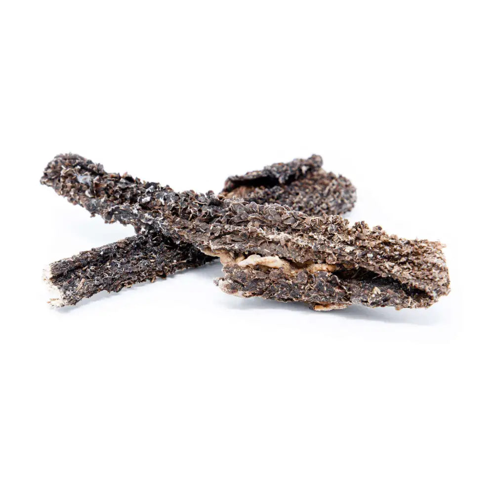 Dried seaweed strips on a white background
