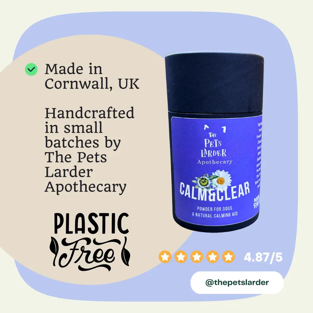 Blue container labeled 'Calmeclear' by The Pets Larder Apothecary with text about plastic-free production.