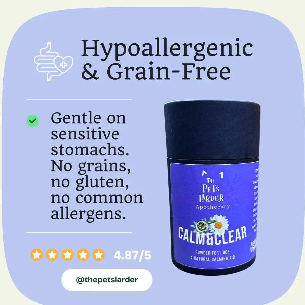 Blue container of Calm & Clear with text about hypoallergenic and grain-free properties on a light purple background.