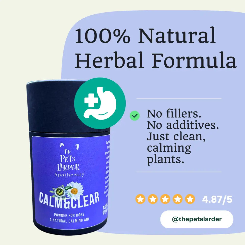 Blue container labeled 'Calm & Clear' with text about a 100% natural herbal formula on a light purple background.