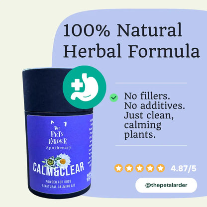 Blue container labeled 'Calm & Clear' with text about a 100% natural herbal formula on a light purple background.