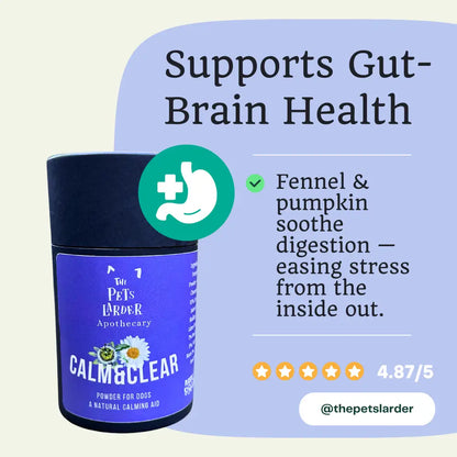 Blue container labeled 'Calm & Clear' with text about gut-brain health support on a light purple background.