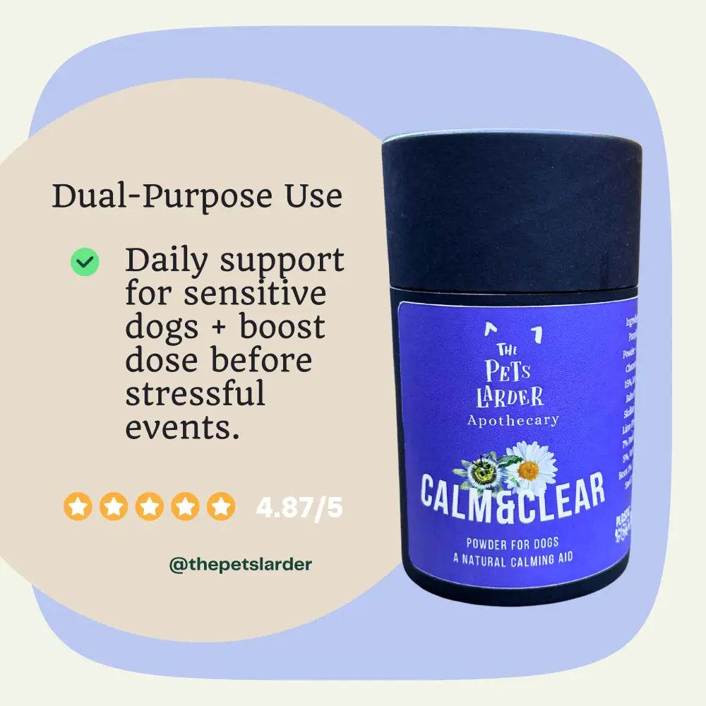 Blue container labeled 'Calm & Clear' with text about daily support for sensitive dogs on a light purple background.