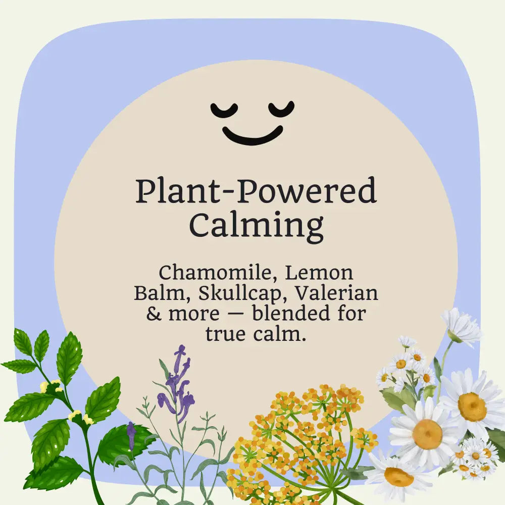 Product packaging with text 'Plant-Powered Calming' and images of plants on a light blue background.