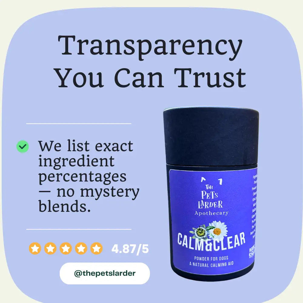 Blue container with black lid labeled 'Calm & Clear' from 'The Pet's Larder' on a light purple background with text about ingredient transparency.