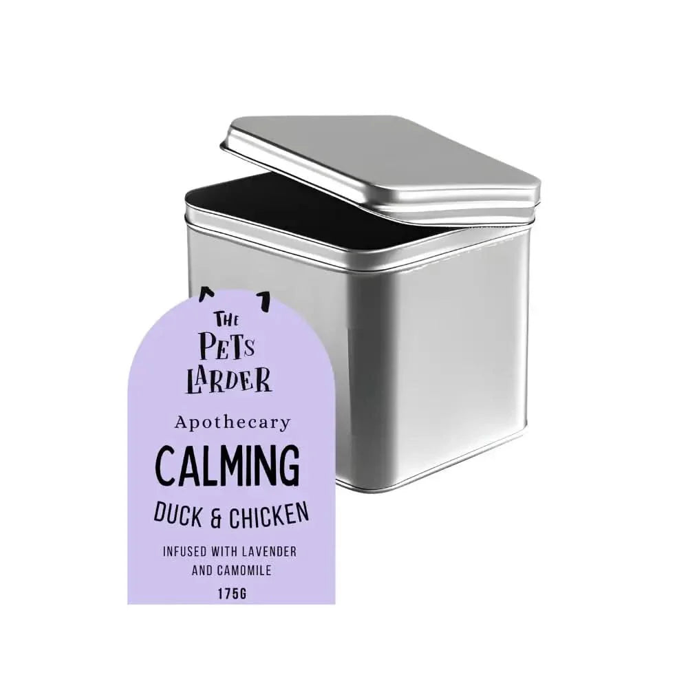 Metal tin with a purple label on a white background