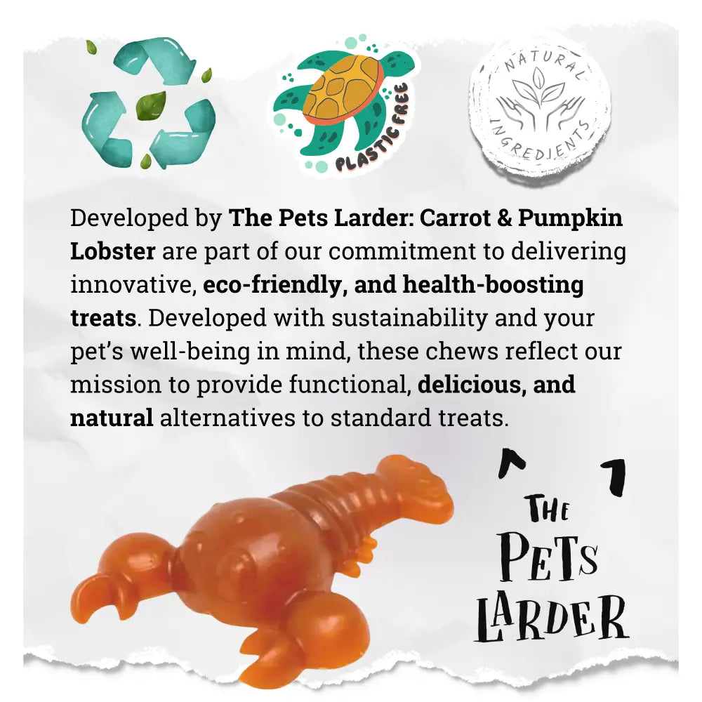 Lobster-shaped treat with 'The Pets Larder' branding and sustainability icons on a white background.