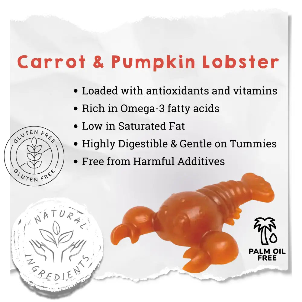 Product packaging for 'Carrot & Pumpkin Lobster' with health benefits listed on a white background.