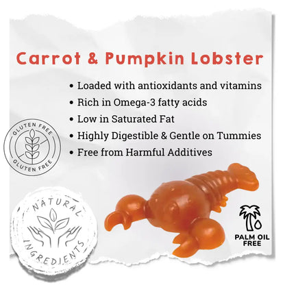 Product packaging for 'Carrot & Pumpkin Lobster' with health benefits listed on a white background.