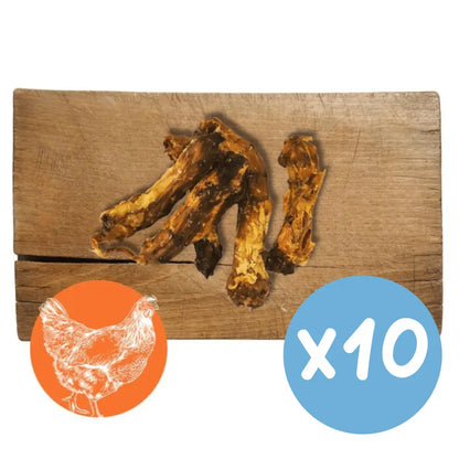 Three dog bones on a wooden board with a chicken icon and 'x10' label on a white background