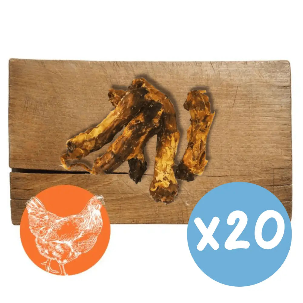 Two dog bones on a wooden board with a chicken icon and 'x20' label on a white background