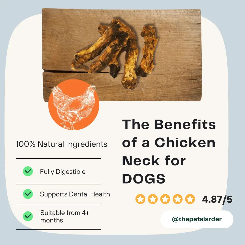 Chicken necks on a wooden board with text about benefits for dogs, brand '@thepetslarder' visible.