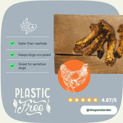 Dog treats on a wooden board with text highlighting benefits and a rating, branded 'The Pet's Larder'.