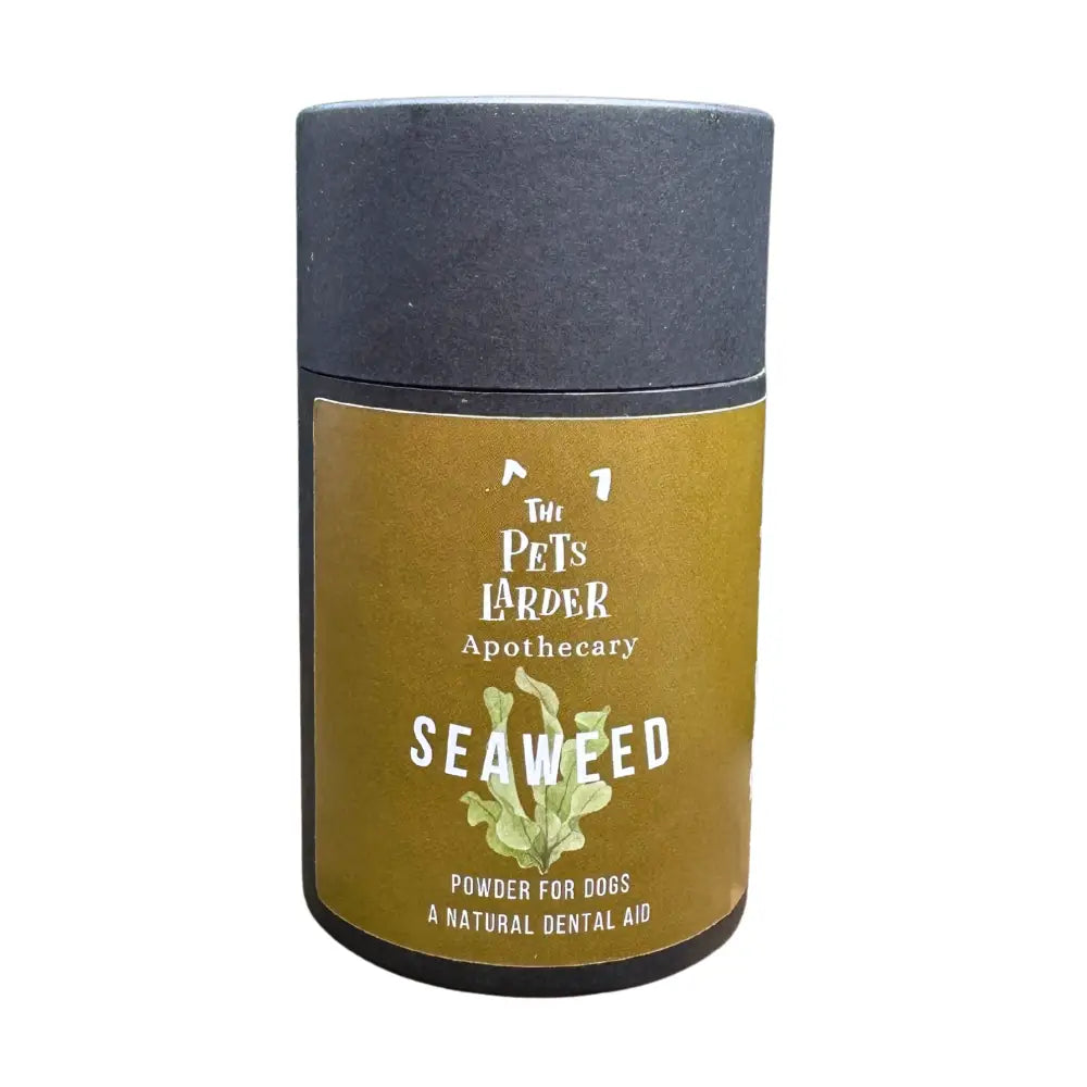 Seaweed powder container for dogs by The Pets Larder Apothecary on a white background