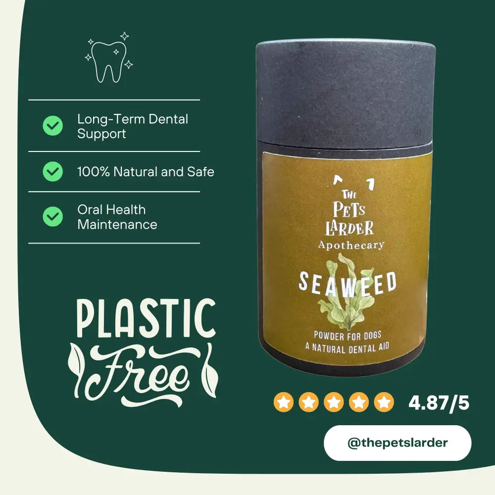 Seaweed powder for dogs packaging with green background and product details.