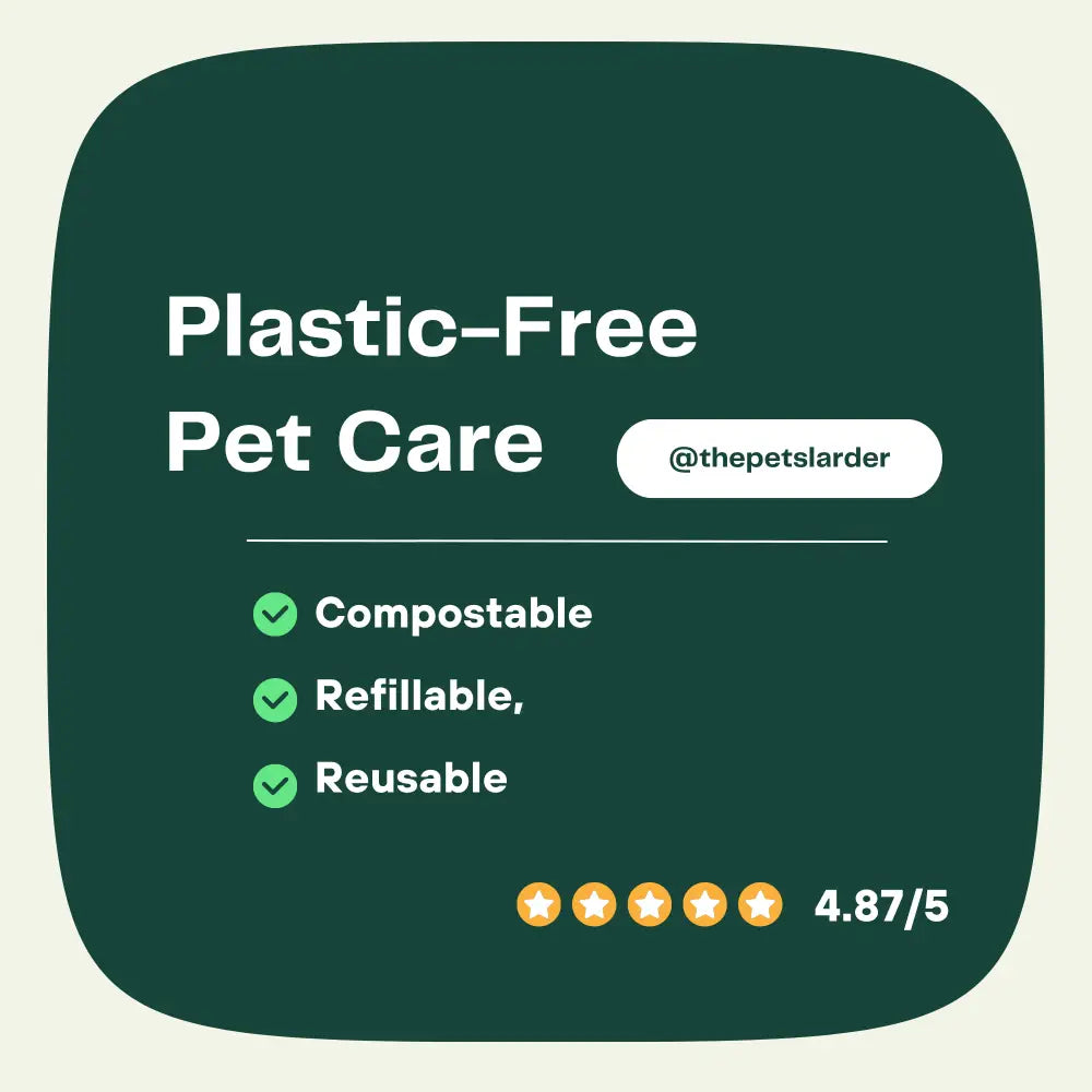 Promotional graphic for plastic-free pet care with compostable, refillable, and reusable features on a green background.