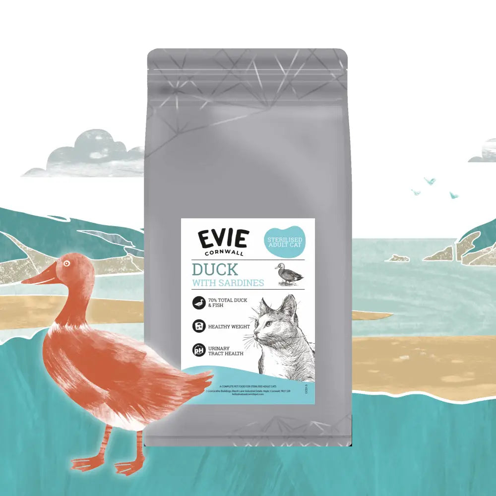 Cat food package with 'Evie Cornwall' branding on a scenic background