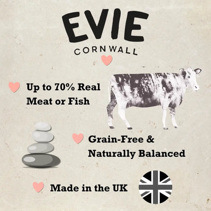 Advertisement for EVIE Cornwall pet food with a cow illustration and product features.