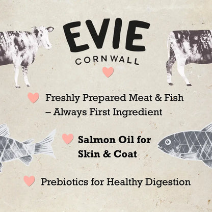 Advertisement for EVIE CORNWALL pet food with illustrations of a cow, fish, and text about ingredients.