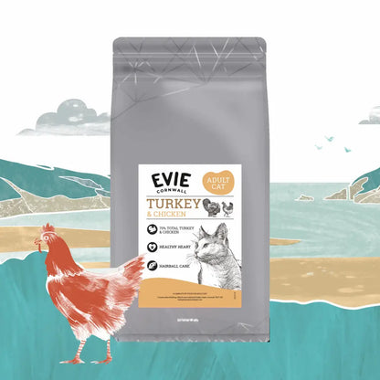 Cat food package with 'Evie' branding on a scenic background