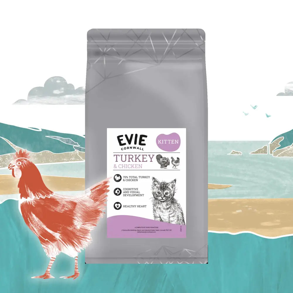 Cat food package with 'Evie' branding on a scenic background