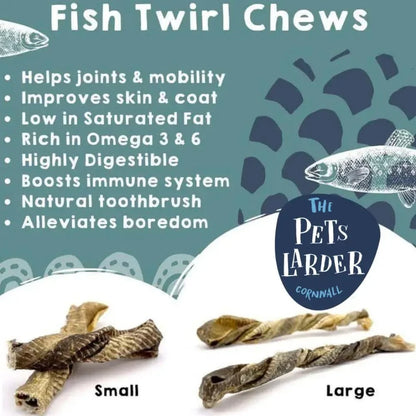 Advertisement for Fish Twirl Chews with product details and 'The Pets Larder' branding.