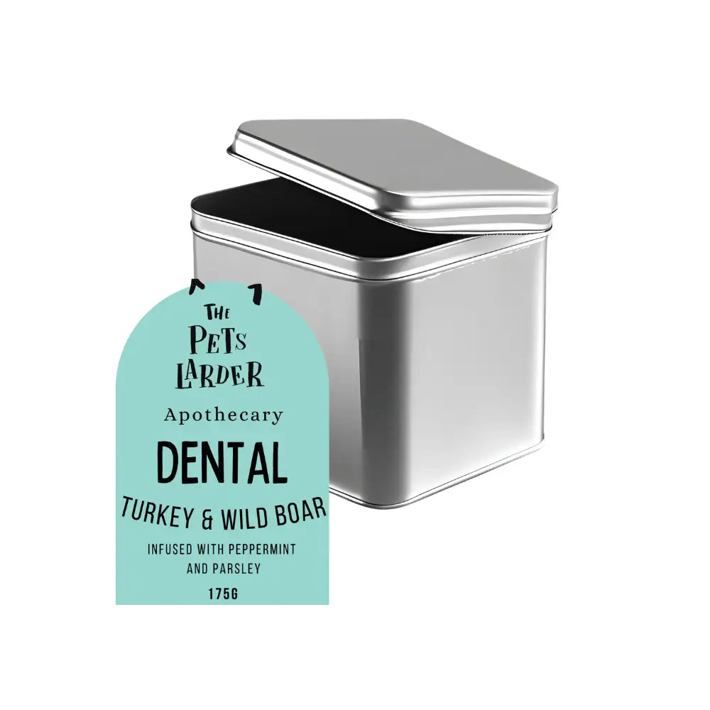 Metal tin with a turquoise label on a white background