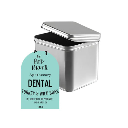 Metal tin with a turquoise label on a white background