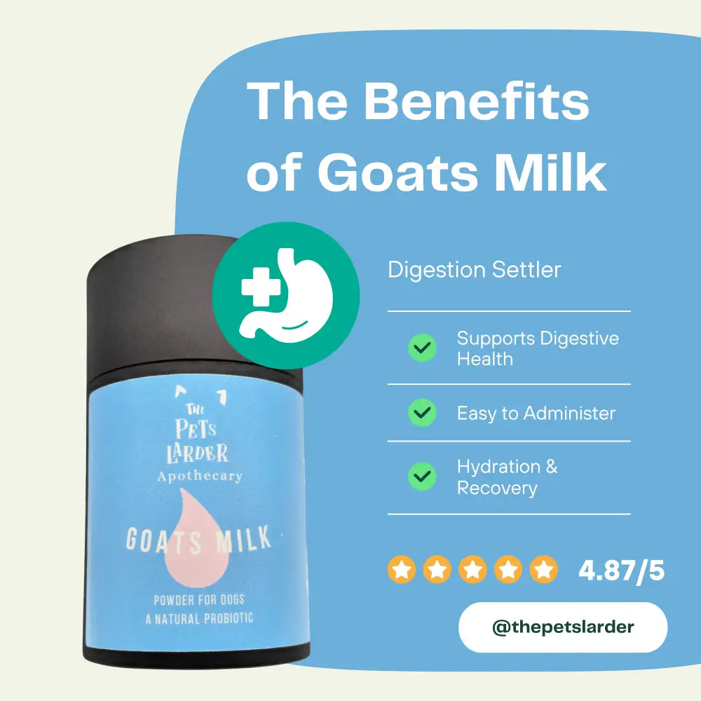 Goats milk powder container with benefits listed on a blue background