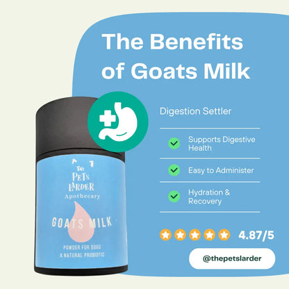 Goats milk powder container with benefits listed on a blue background