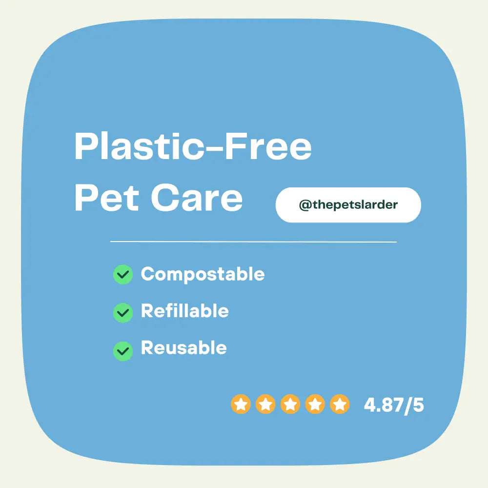 Promotional graphic for plastic-free pet care with compostable, refillable, and reusable features on a blue background.