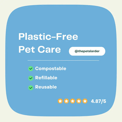 Promotional graphic for plastic-free pet care with compostable, refillable, and reusable features on a blue background.