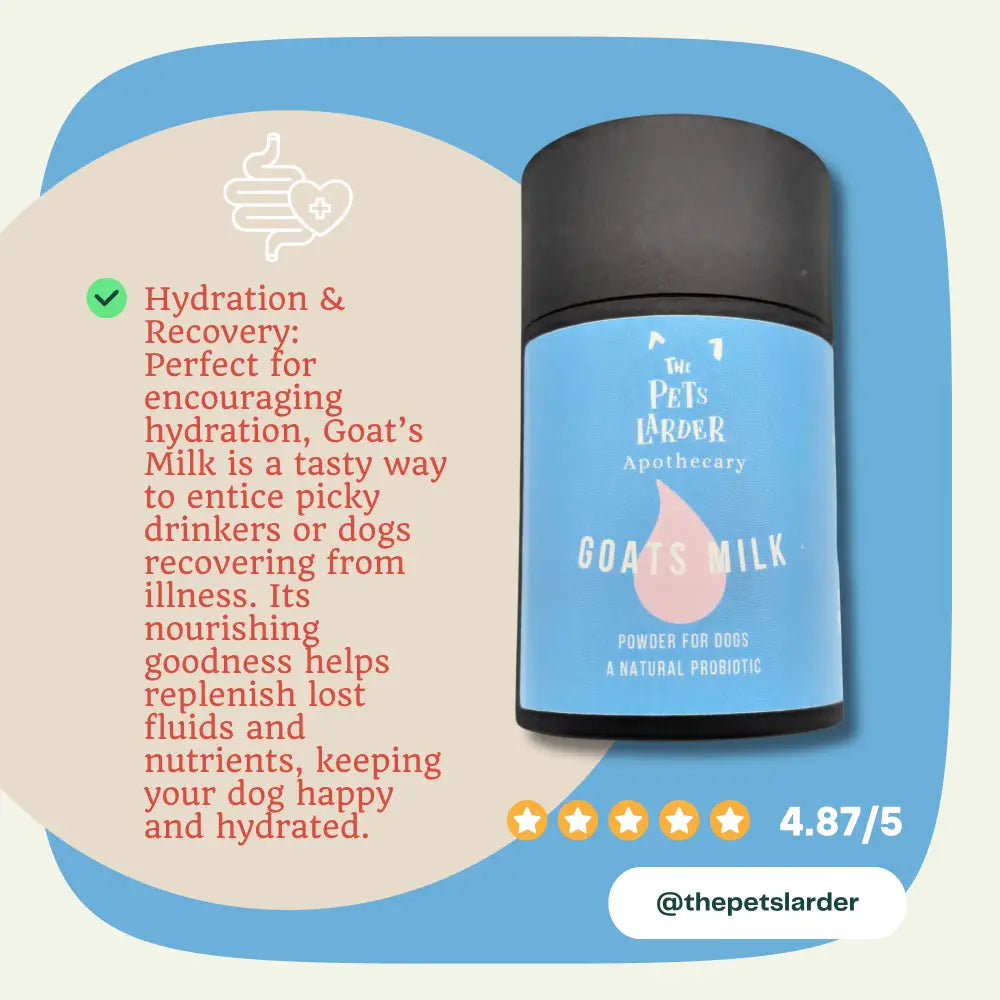 Goat's milk powder container with text about its benefits on a blue and beige background