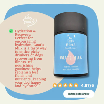 Goat's milk powder container with text about its benefits on a blue and beige background