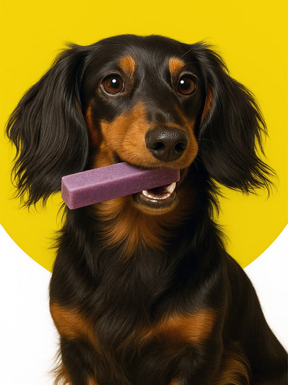 Dog holding a Blueberry Yak Dog Chew against a yellow background