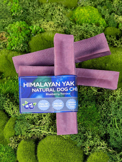 Purple dog chew with Himalayan Yak Natural Dog Chews packaging on a green moss background