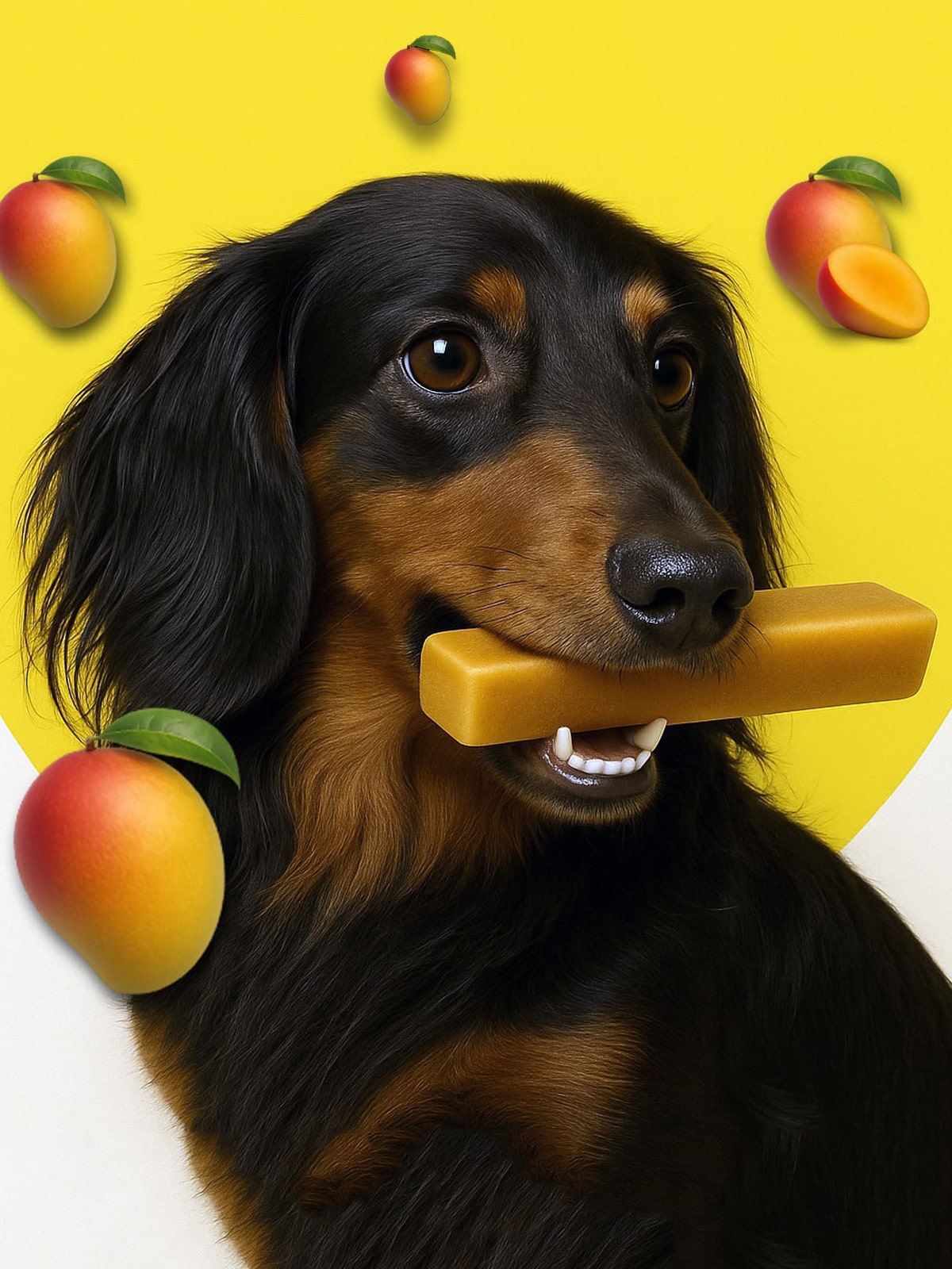 Dog holding a Mango Yak Dog Chew with mangoes around on a yellow background
