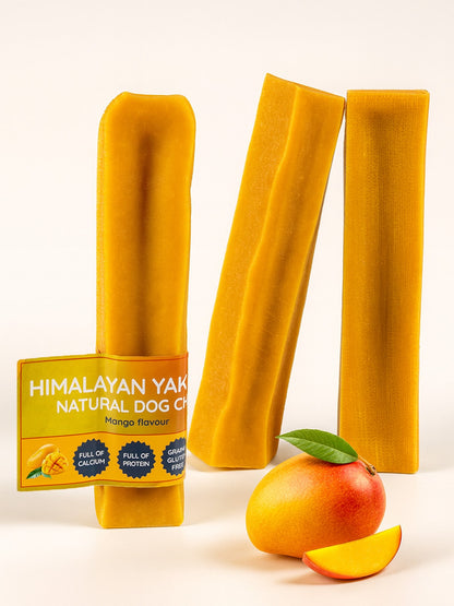 Himalayan Yak Natural Dog Chews with mango flavour packaging on a white background