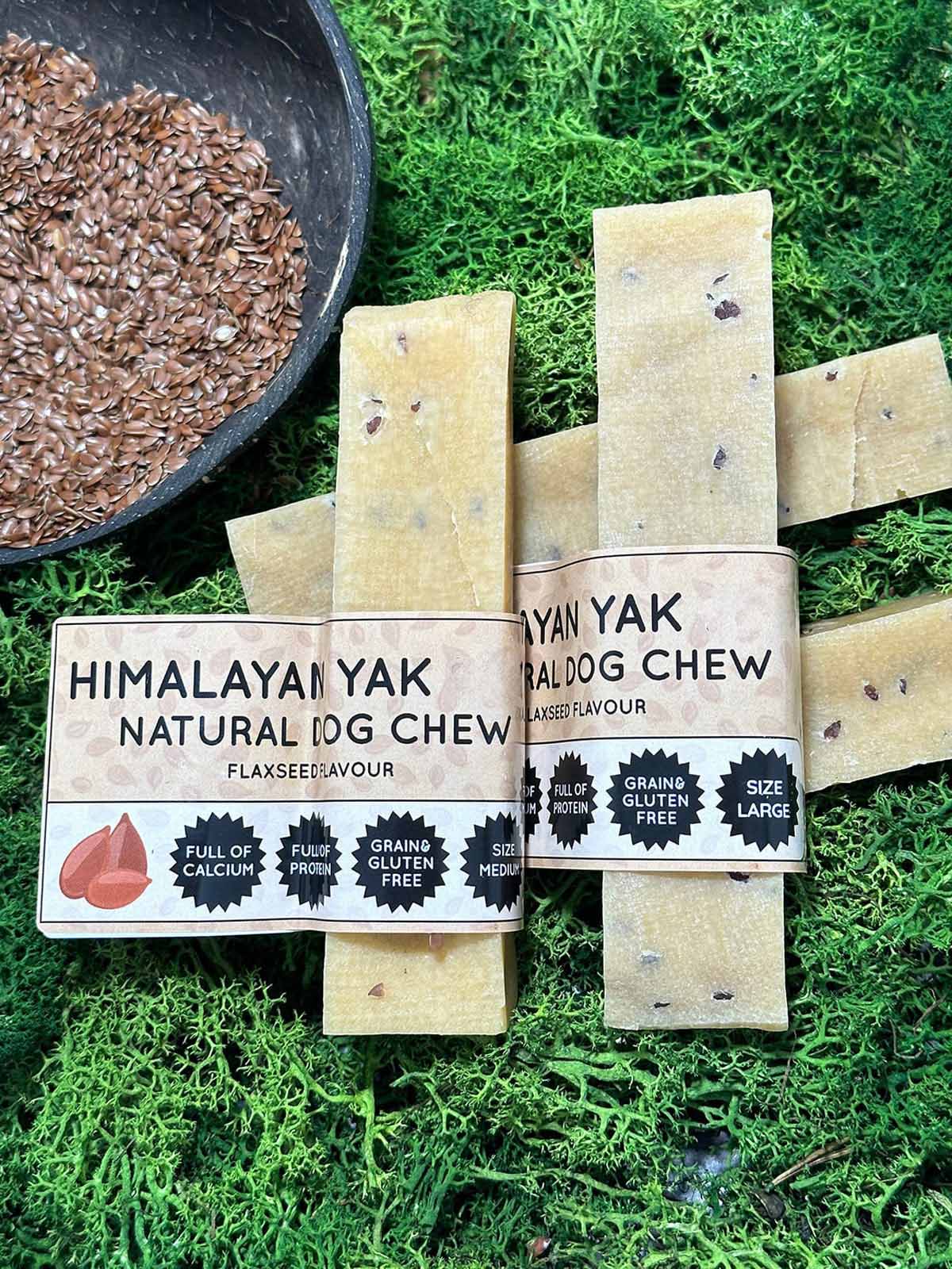 Himalayan Yak Milk Natural Dog Chew packaging on a green moss background