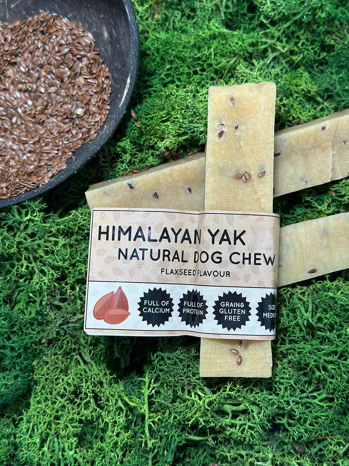 Flaxseed flavour Himalayan Yak natural dog chew packaging on a green moss background
