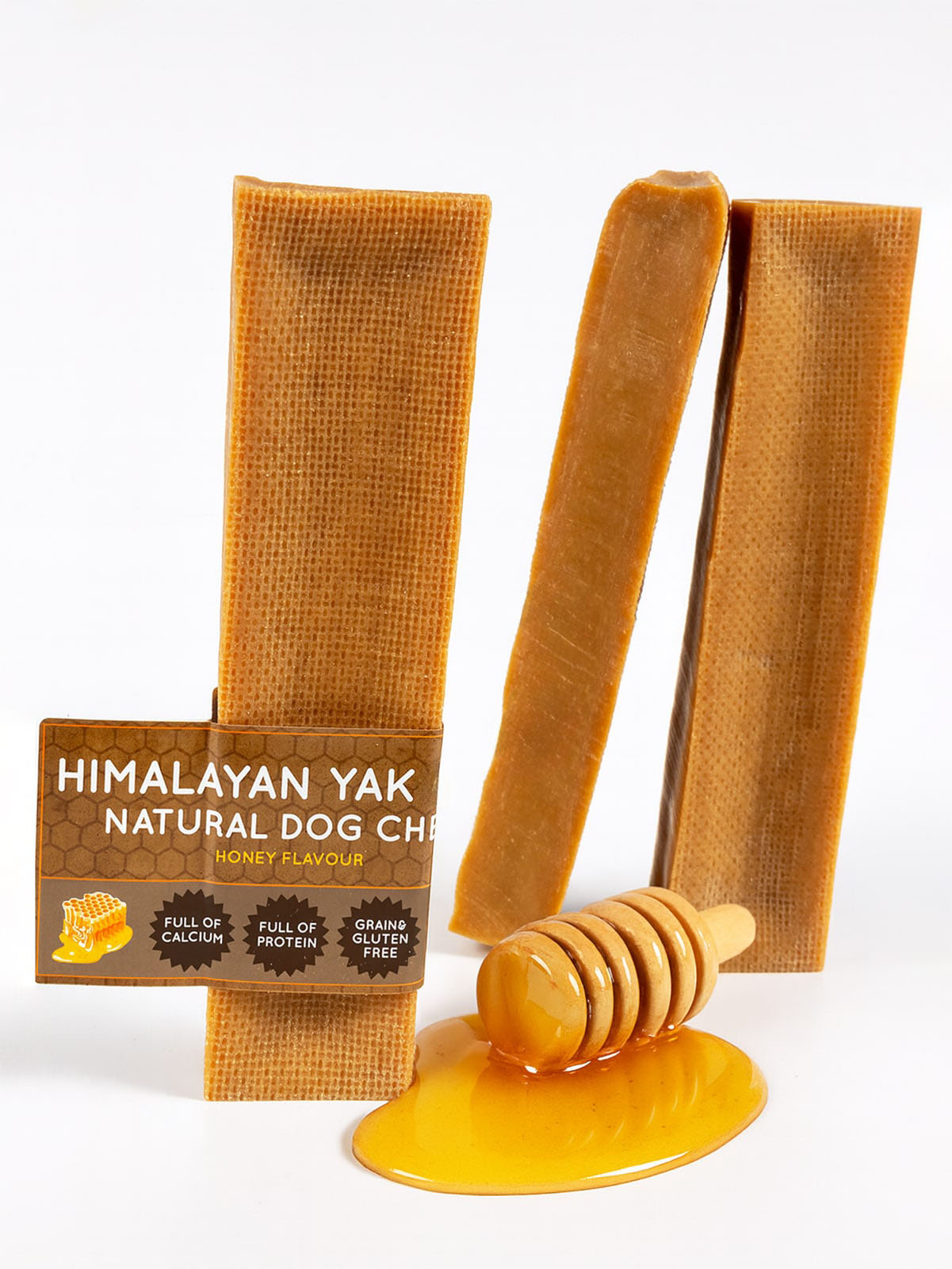 Himalayan Yak natural dog chews with honey on a white background