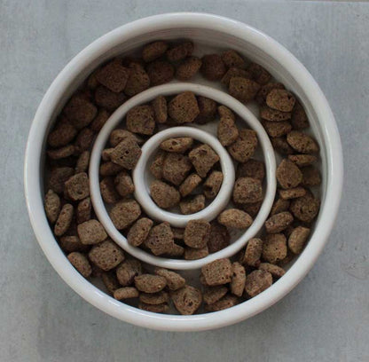 White bowl filled with brown pet food in a spiral pattern on a gray surface