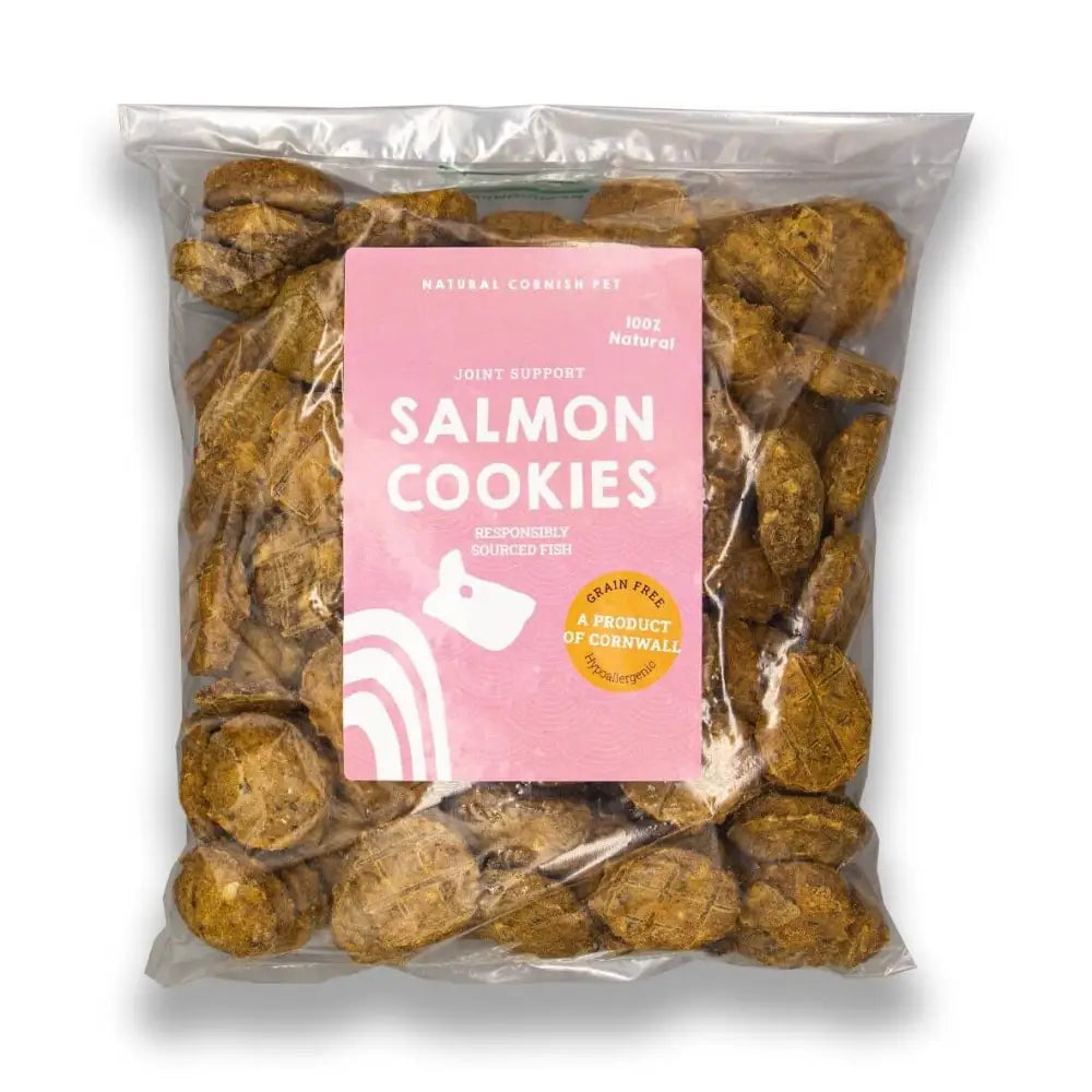 Bag of salmon cookies for pets with a pink label on a white background