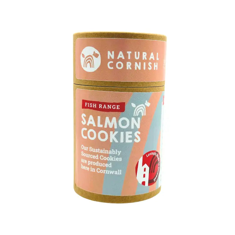 Canister of Natural Cornish Salmon Cookies on a white background