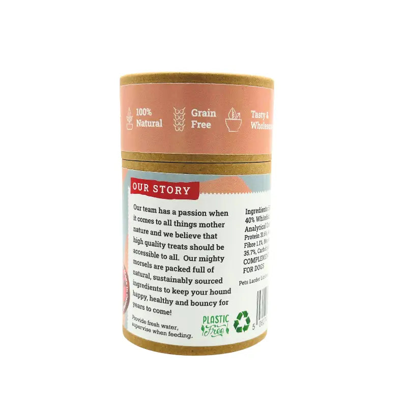 Dog treat container with 'Our Story' text on a white background