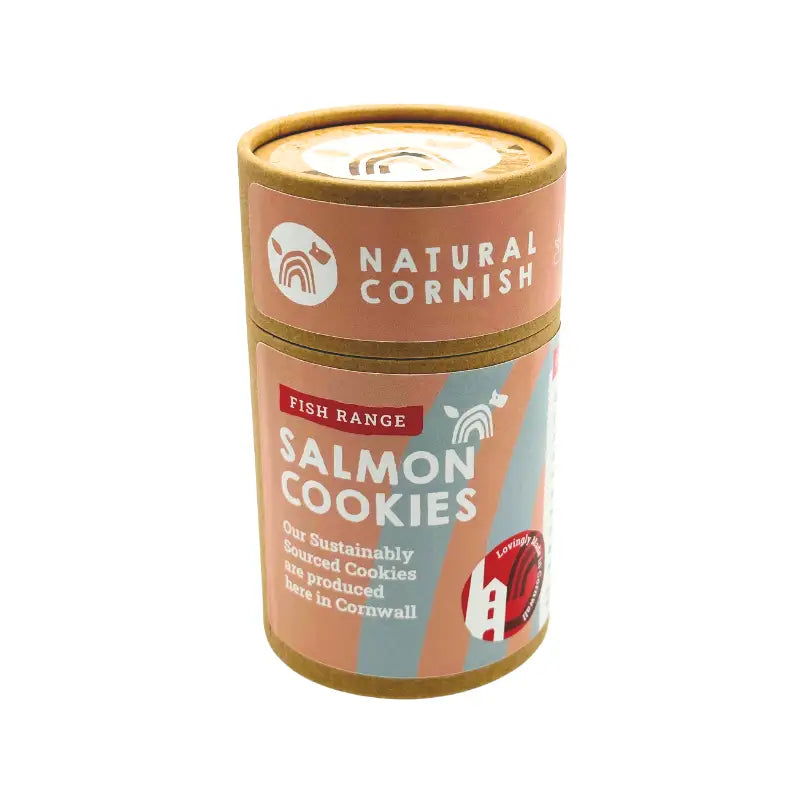 Canister of Natural Cornish Salmon Cookies on a white background