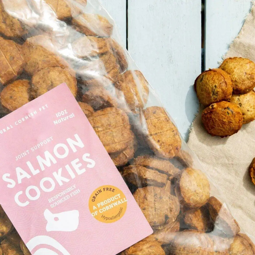 Salmon cookies for dogs with a pink packaging label on a light blue wooden surface.
