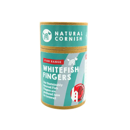 Container of Natural Cornish Whitefish Fingers on a white background