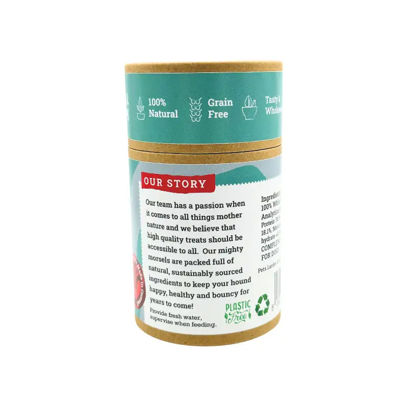 Pet food container with a green label on a white background